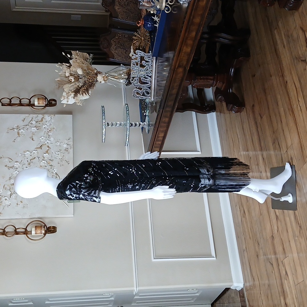 New Black Beaded Gatsby Flapper Cocktail V-neck Dress By Yessa. Size L - Picture 11 of 17